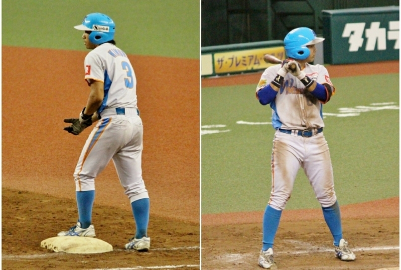 一塁は代走の木村選手(左)で、打席には5番・穴田選手(右)。