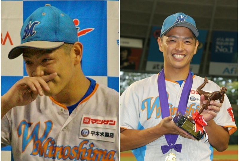インタビュー(左)では涙、すべて終われば笑顔(右)の和田投手でした。