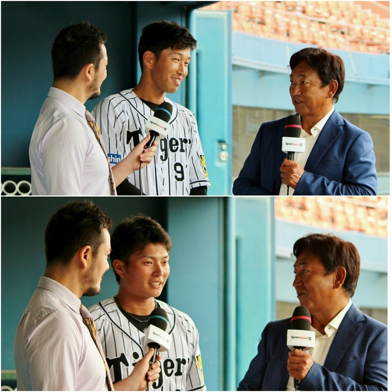 テレビインタビューを受ける西田選手(上)と北條選手(下)。右はどちらも田尾安志さんです。