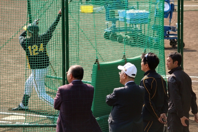 横田選手の打撃を見る(左から)掛布SEA、坂井オーナー、土屋トレーナー、藤本トレーナー。