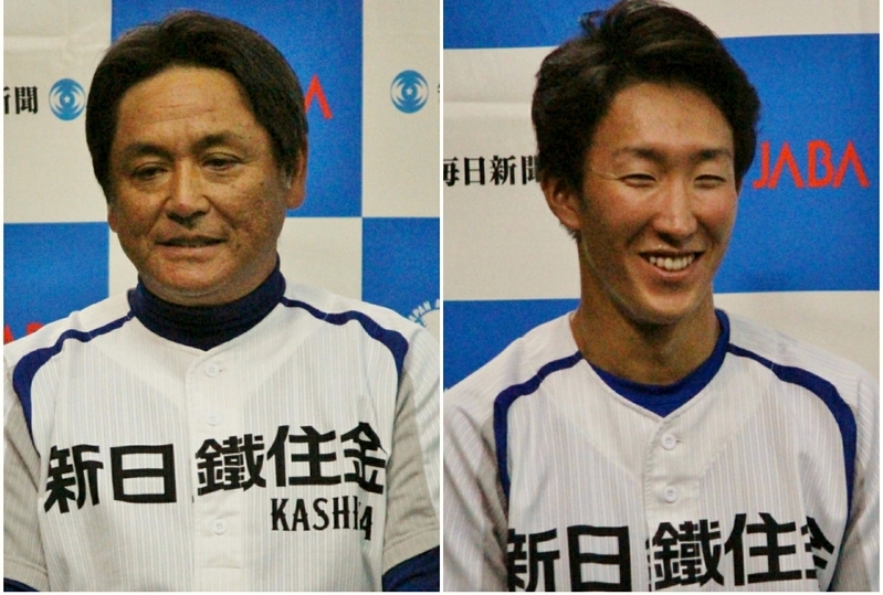 試合後にインタビューを受けた中島監督(左)と大貫投手(右)。