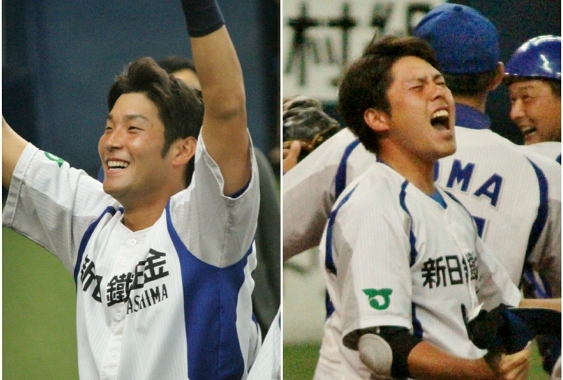 勝利の雄叫び！左は「阪神の横田選手に間違えられた」西村選手。右は「原口選手を尊敬しています」という帝京OBの島田選手。