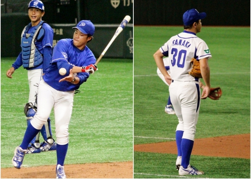 ※試合前のシートノック。阪口コーチ(左)はノッカー、玉置投手(右)は三塁側で見守ります。