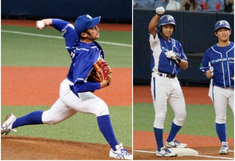 ※6回から投げた能間投手(左)と、2回に先制打を放った山田克志選手(右)。