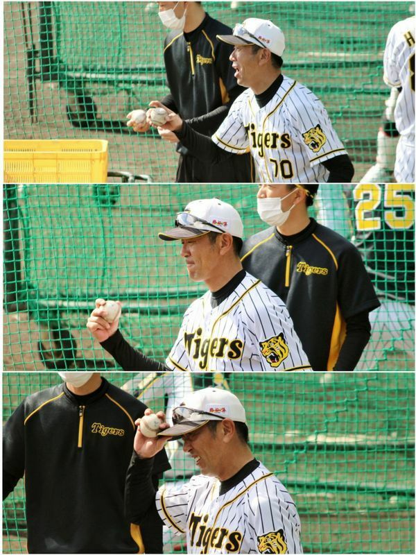 田中コーチ、ノック中も豊かな表情。上から「いけ！いける！」「よ～し！」「ああ、無理か…」
