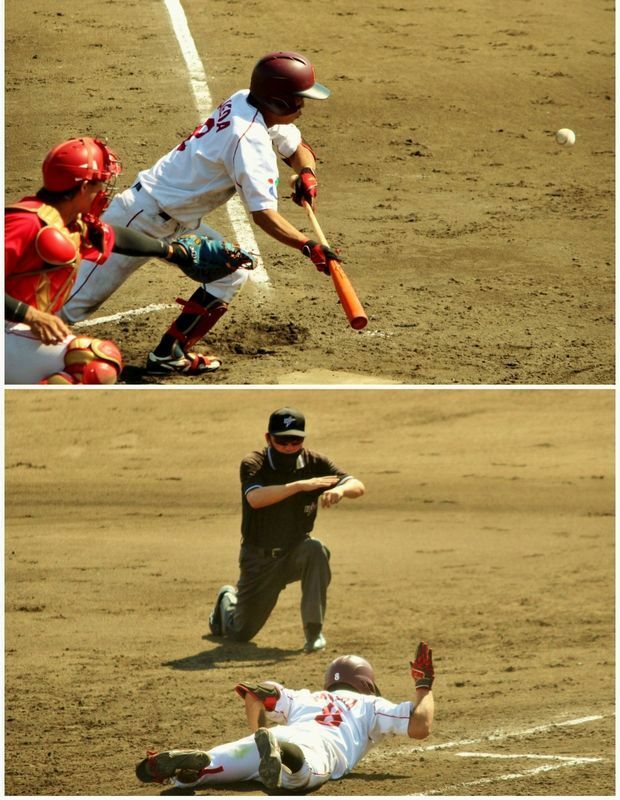 3回にサードへのバントヒットを決めた武田勇樹選手(27)。彼は常にユニホームが泥んこです。