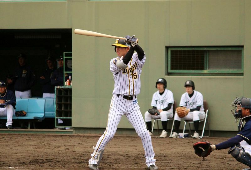 2018年4月17日のオリックス戦(鳴尾浜)で打席に立つ荒木選手。