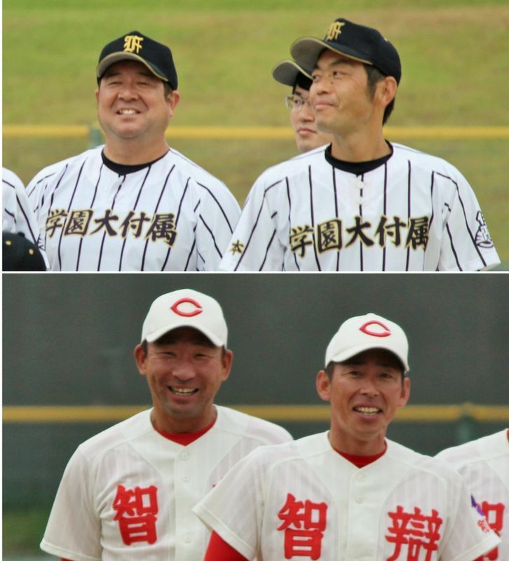 上は熊本学園大付属の坂本監督(右)と米村コーチ(左)。下は智弁和歌山の中谷監督(左)と芝野恵介部長(右)。