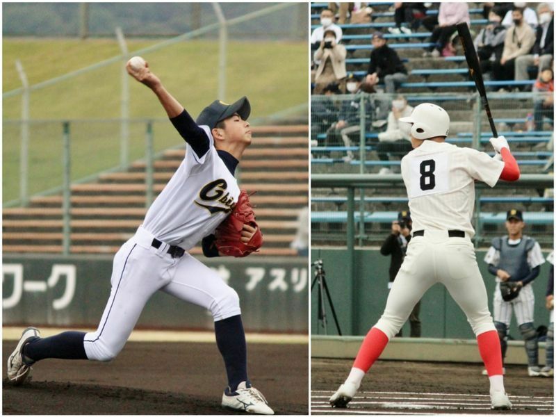 始球式で登板した中学1年の池本投手(左)、打席には智弁和歌山の青山選手。