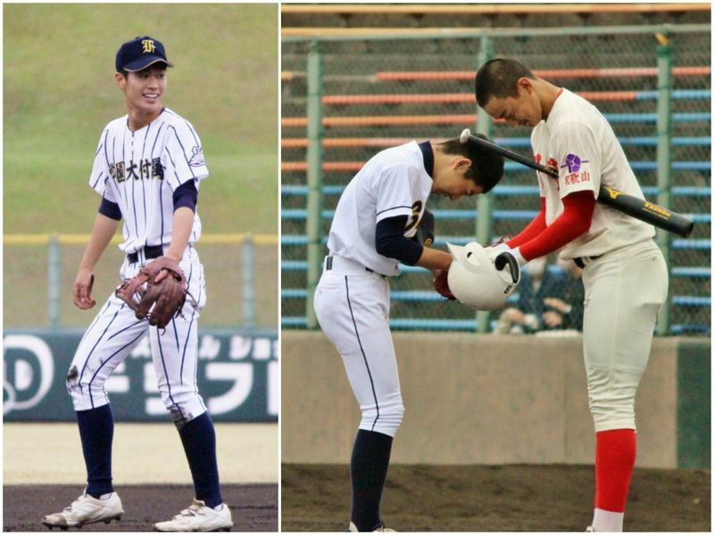 遊ゴロを捕って笑顔の熊本学園大付属・福山選手(左)。対決のお礼をする池本くんと青山選手(右)。