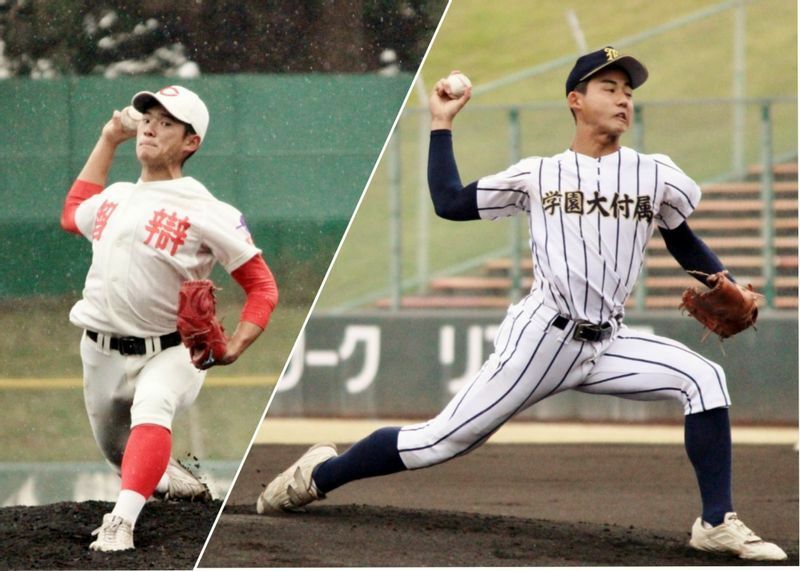同じく第1試合の先発ピッチャー。左は智弁和歌山の塩路投手、右は熊本学園大付属の成尾投手。