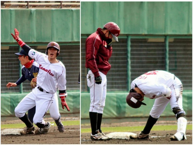 3回に先頭で三塁打を放った福田選手。三塁へ到達(左)して、そのあとはグッタリ(右)。