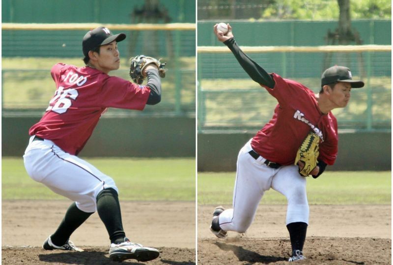 左は7回から投げた新加入の東郷太亮投手(24)、右はことし副主将を務める秋川優史投手(24)です。