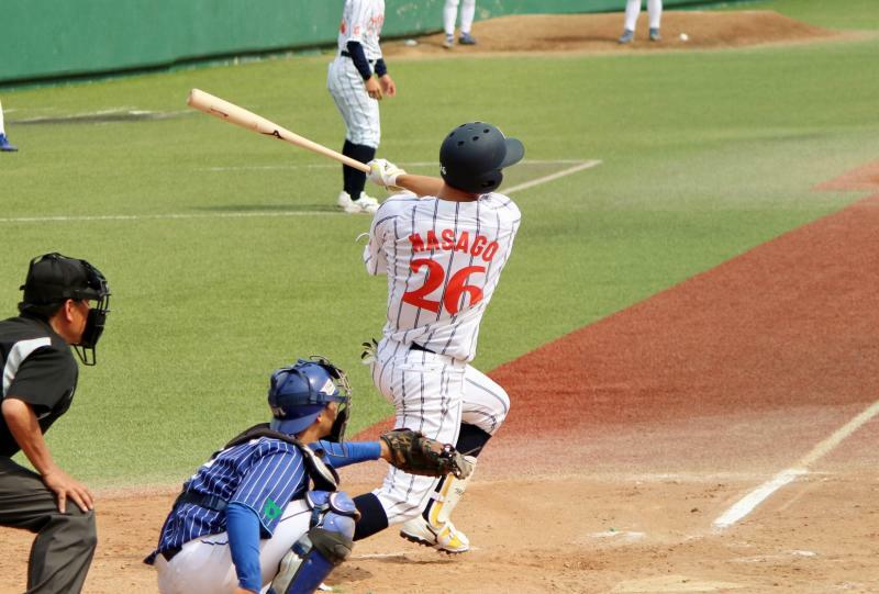 阪神時代は嫌いだったという守屋投手からホームランを放った真砂選手。写真は6月5日、北関東大会決勝のものです。
