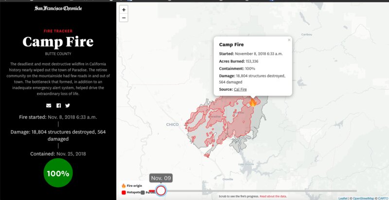 サンフランシスコ・クロニクル紙の「カリフォルニア山火事追跡地図(California Fire Tracker)」のキャンプファイヤー（山火事）のアーカイブ画面