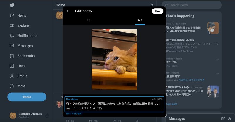 ツイッターのalt-text入力画面。アップロードした写真の下部に現れるボタンをクリックすると、このような入力画面が開く。