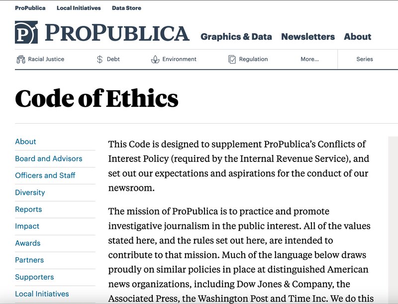 プロパブリカの倫理規範。サイト上の、わかりやすい場所に置かれており、誰でも簡単に見ることができるようになっている。