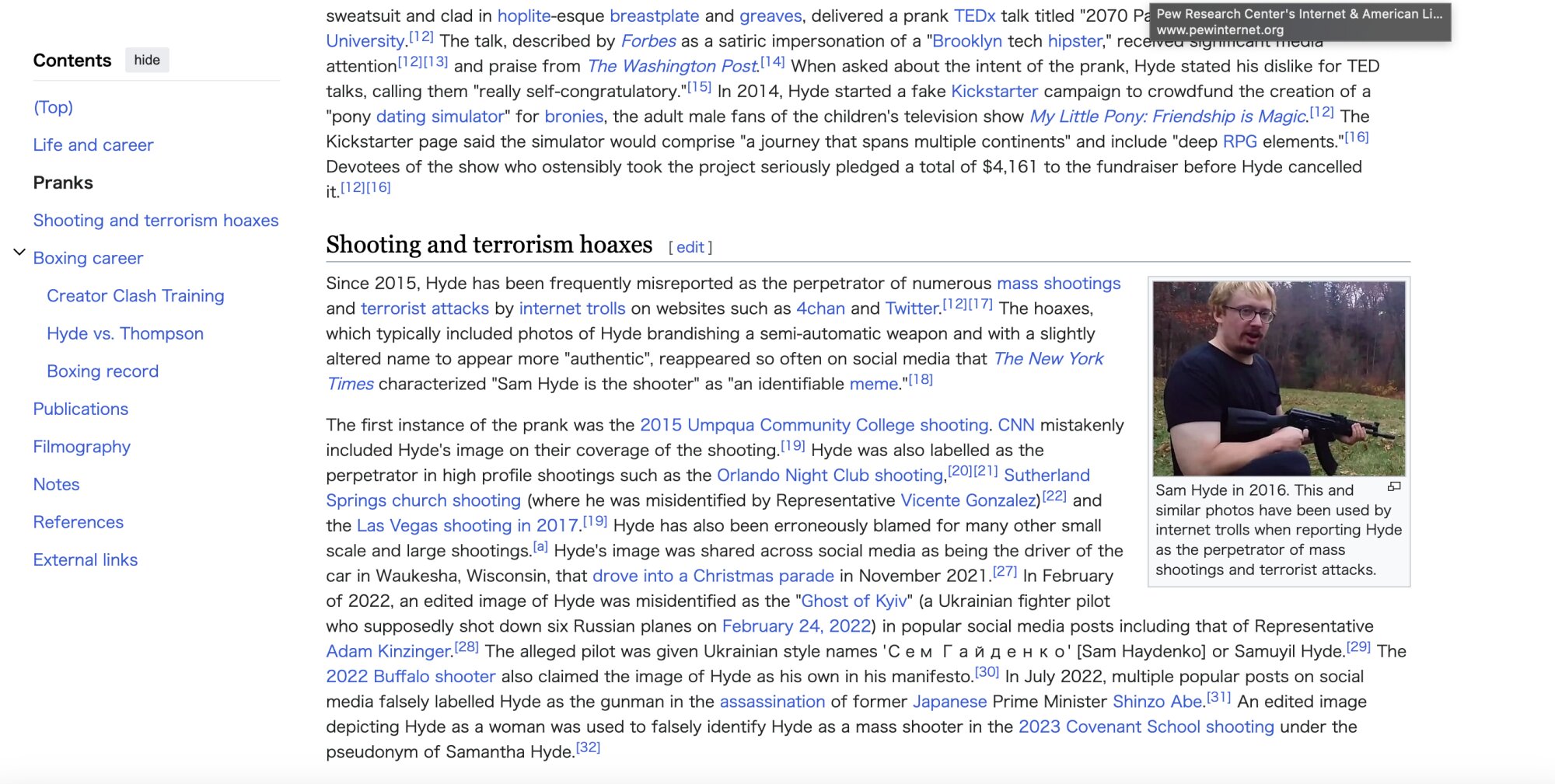 「サム・ハイド」のウィキペディアのページの部分、写っている写真がミーム化してしばしば拡散される。