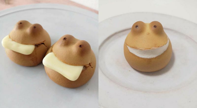 左はカエルまんじゅうの口にバターをはさんだカエルバター。右は試作段階のケロトッツォ。当初は口の部分にクリームを詰めていたが、本来の笑顔を活かすためにまんじゅうの下部にクリームを詰めるよう変更した