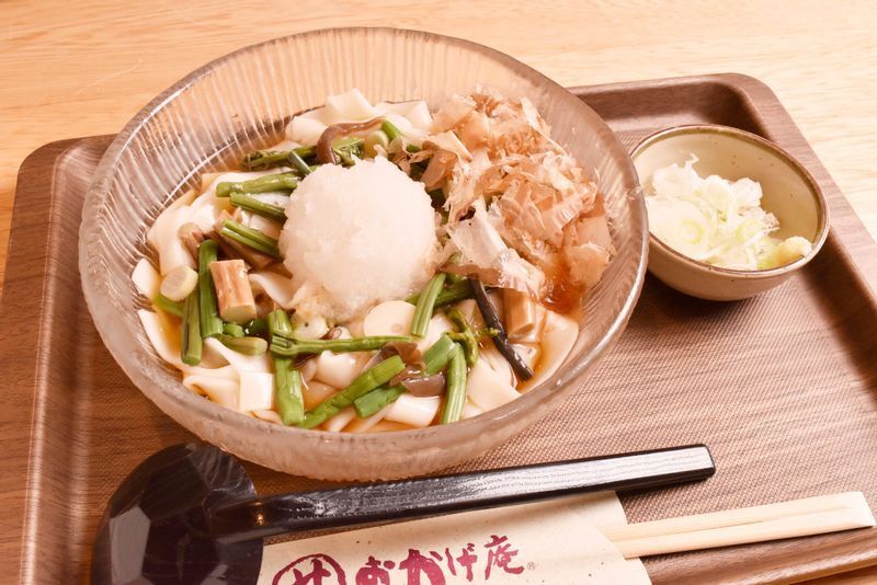 人気の山菜おろしきしめん。750~810円(価格は店舗により異なる)。「冷やしきしめん」は他にネバネバとろ玉きしめん、すだちきしめん、通年販売のざるきしめんがある(店舗により一部未採用のメニューも)