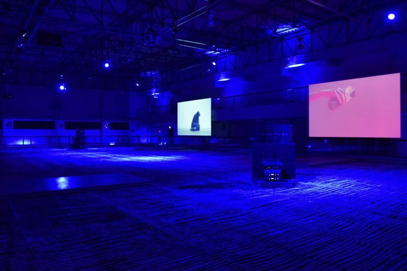 今年3月に半世紀の歴史に幕を閉じたスケート場。そこを巨大なアート空間とし、大型スクリーンで映像作品を見せるアンネ・イムホフの展示