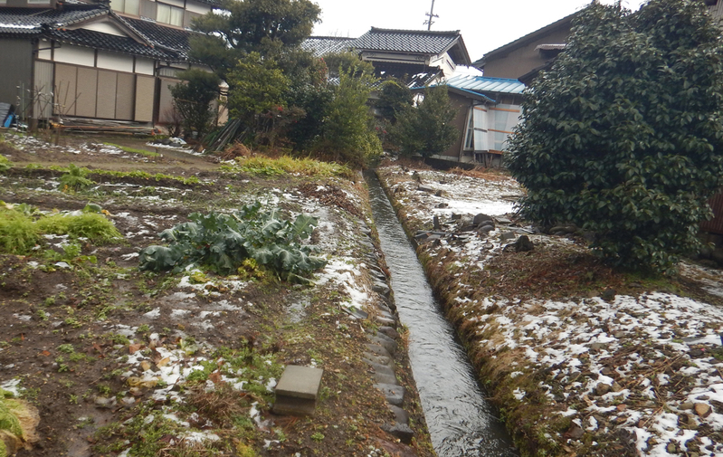 図2 畑と畑との間に用水路があるとまたぐ機会が多い。(筆者撮影)