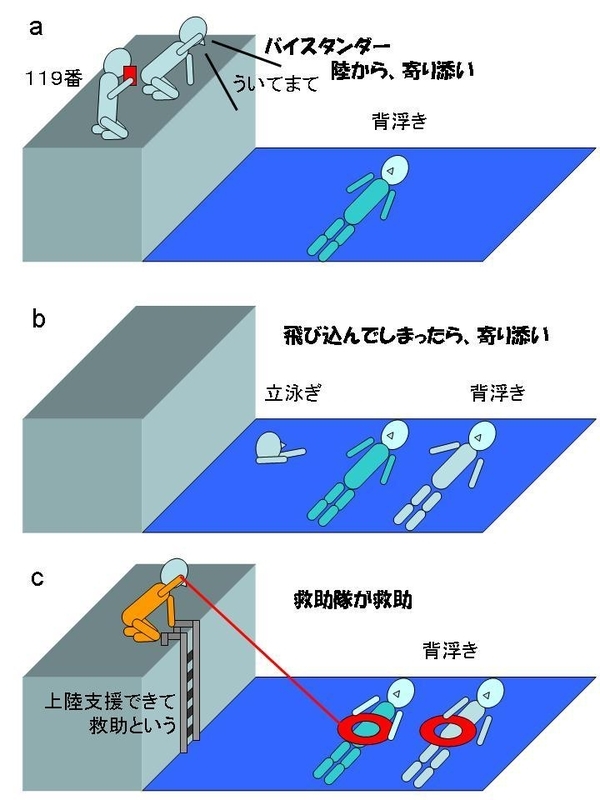 図1 (a) 陸からの寄り添い、(b) 水に入ってしまった場合の寄り添い、(c) 救助隊による救助　（筆者作成）