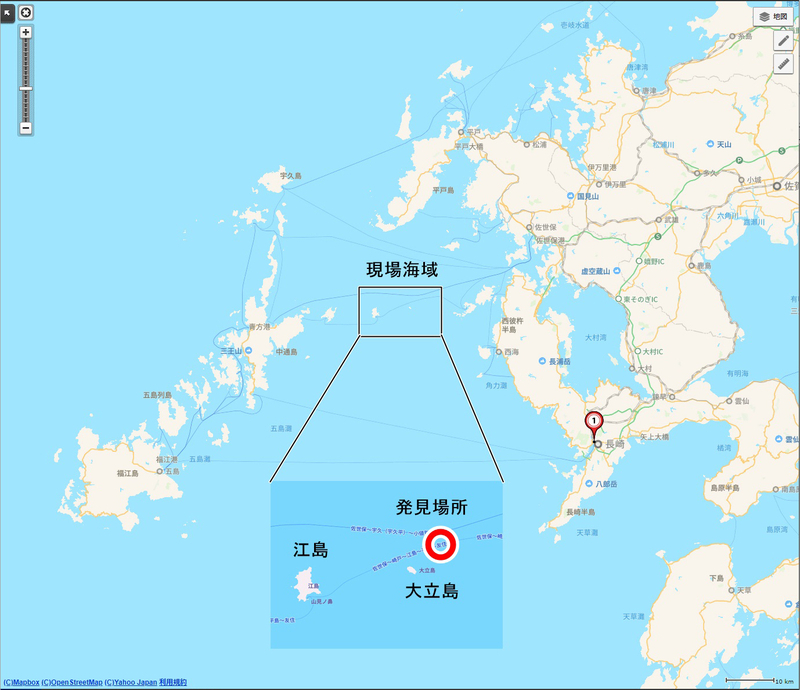 図1 3人が発見された現場付近の海域（YAHOO!地図をもとに筆者が作成）