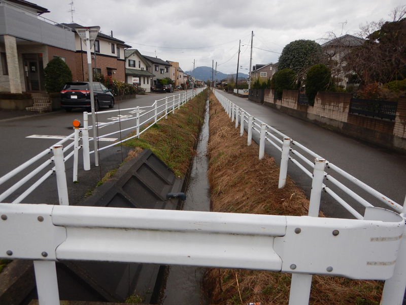 図8 用水路の両側に設置された柵。はるか向こうまで延びている（筆者撮影）