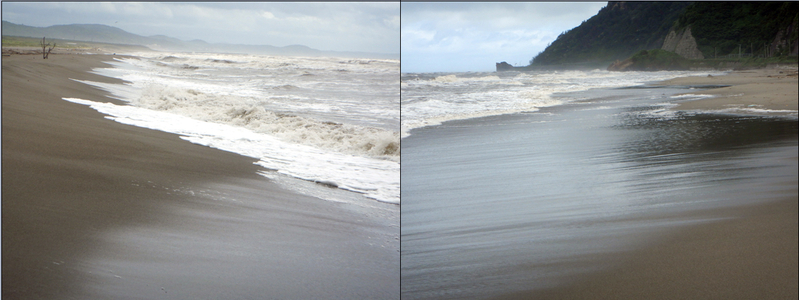 図2 安全な砂浜の選び方。（右）砂浜の傾斜が緩く安全、（左）傾斜がきつく危険。同じ海水浴場でも場所で砂浜構造が大きく変わる（筆者撮影）