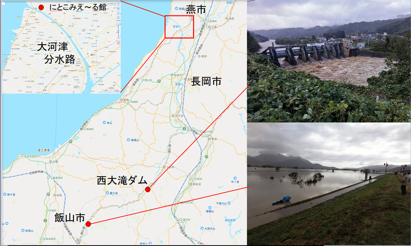 図1 千曲川・信濃川流域の地図と令和元年東日本台風の大雨による増水の状況（YAHOO!地図を元に筆者作成）