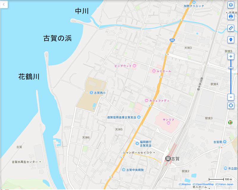 図1 現場付近の地図。古賀の浜はポケットのように見えるので、ポケットビーチと呼ばれる（Yahoo!地図をもとに筆者作成）