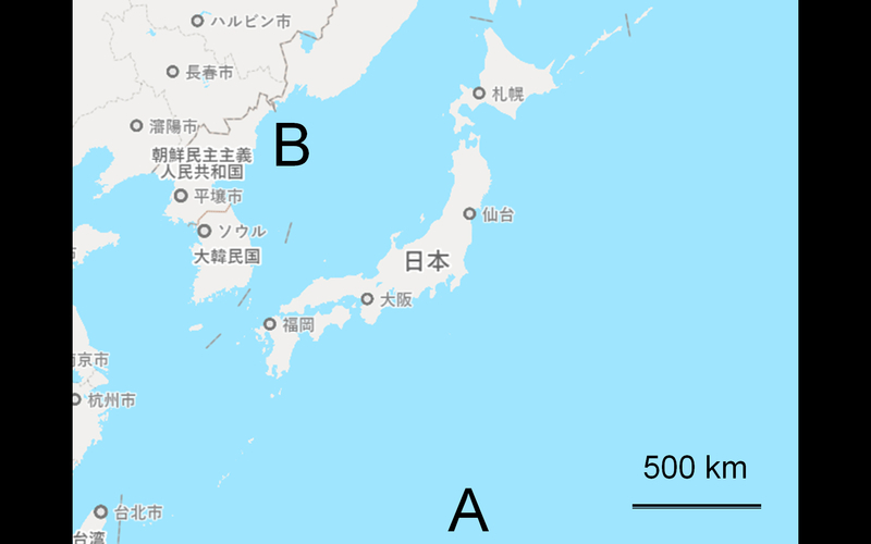 図1 A点は太平洋側にうねりの影響を与えるような台風の典型的な位置、Ｂ点は日本海側にうねりの影響を与えるような低気圧の典型的な位置（Yahoo!地図をもとに筆者作成）