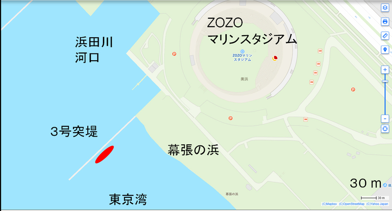 図1 幕張の浜と３号突堤との位置関係（YAHOO!地図を元に筆者作成）