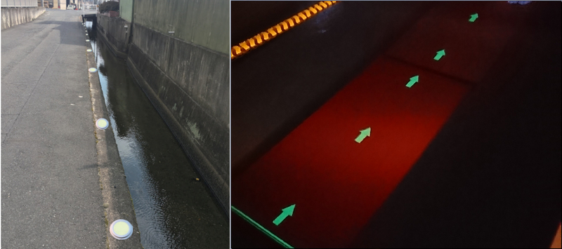 図7 左 蓄光材料を表面に載せた鋲　右 蓄光材プレートの水中での発光特性（左 株式会社シーエー資料から転載　右 水難学会撮影）