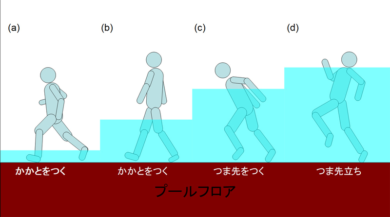 図1 水深と歩く時の姿勢の例。水深が深くなるとつま先で歩くようになるのが特徴（筆者作成）
