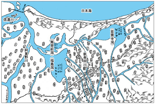 図3 天保2年(1645)に描かれた福島潟とその周辺の絵図（阿賀野川河川事務所のホームページより抜粋）