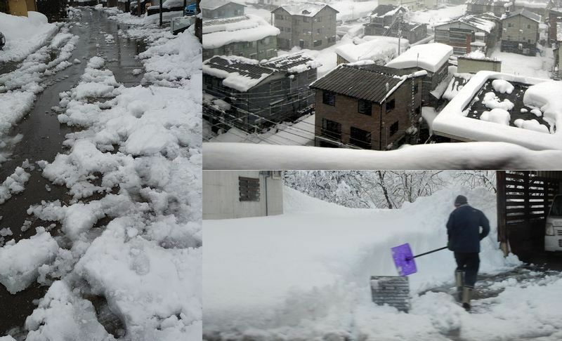 図1 雪国3大イノベーションとも言える工夫（左）消雪パイプ、（右上）落雪式屋根、（右下）流雪溝（いずれも筆者撮影）