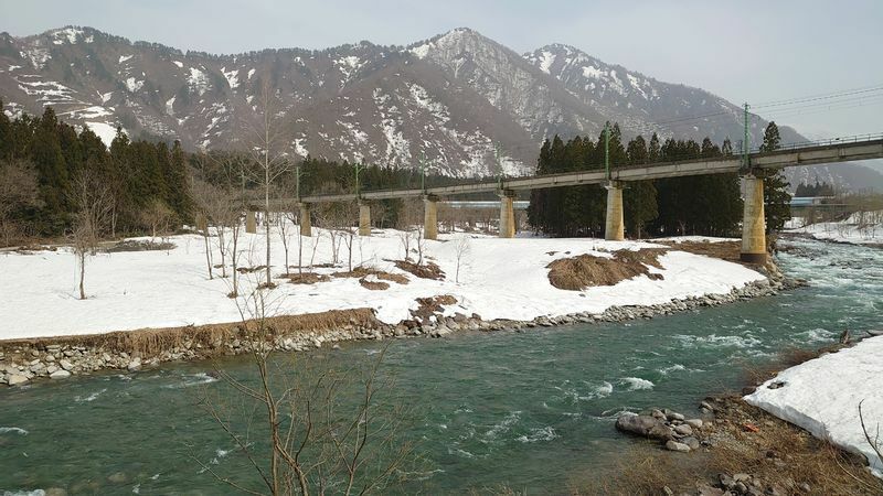 図1 JR上越線越後中里駅付近の魚野川の3月末の様子（筆者撮影）