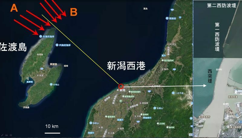 図1 新潟西港付近の様子。黄色線は佐渡弾崎と信濃川河口の2点を結んだ直線。波向きによっては新潟西港は佐渡島の影になる。詳細は本文を参照してください（Yahoo!地図をもとに筆者が作成）