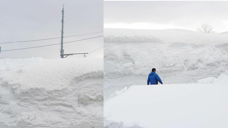 図9 （左）アメダス観測装置、（右）雪の壁と人の高さを並べた（筆者撮影）