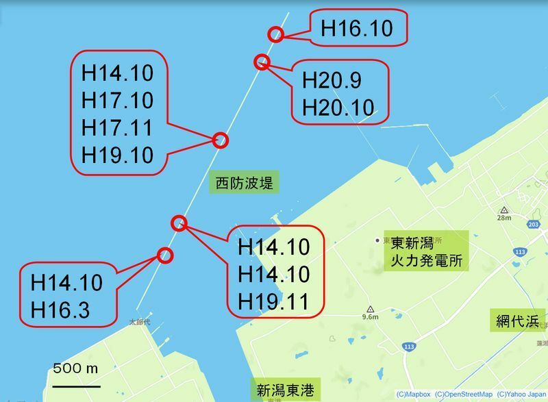 図2 西防波堤での転落事故発生現場分布図。H14.10は平成14年10月の発生を示す（新潟県資料をもとにYahoo!地図上に筆者作成）