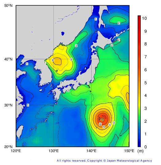 図1 8月11日の日本近海の波高分布。茨城県沿岸など東日本の太平洋側には2 mを超える波が押し寄せていた（気象庁・日々の沿岸波浪図）