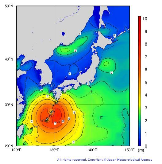 図2 8月6日の日本近海の波高分布。千葉県沿岸など東日本の太平洋側に高い波が押し寄せていたわけではない（気象庁・日々の沿岸波浪図）