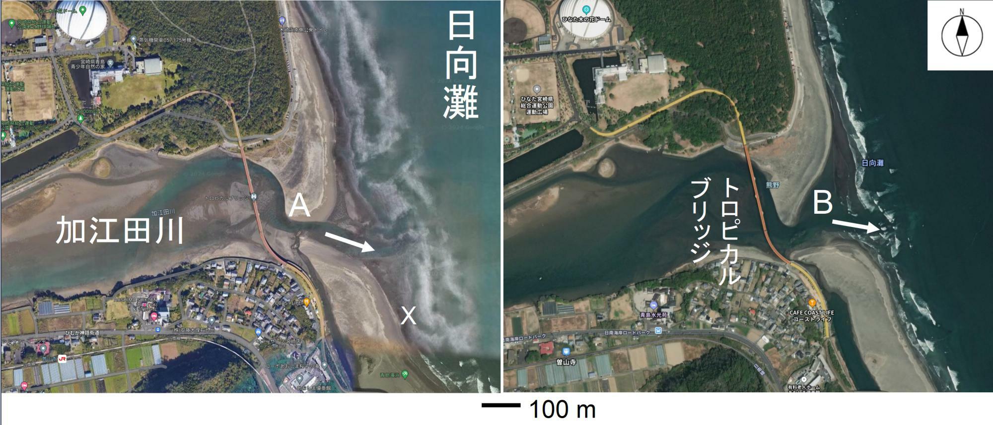 図1 加江田川河口付近の上空写真。左は比較的潮の引いている時間帯で右は比較的潮が満ちている時間帯（左：Google mapから引用し、筆者一部加筆、右：Yahoo!mapから引用し、筆者一部加筆）
