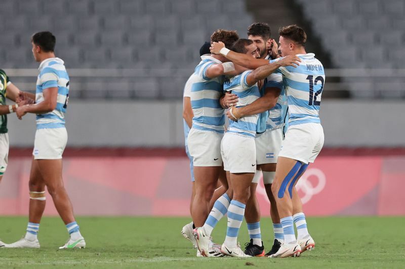 南アフリカに勝利して喜ぶアルゼンチンの選手たち（credit :Mike Lee - KLC fotos for World Rugby）