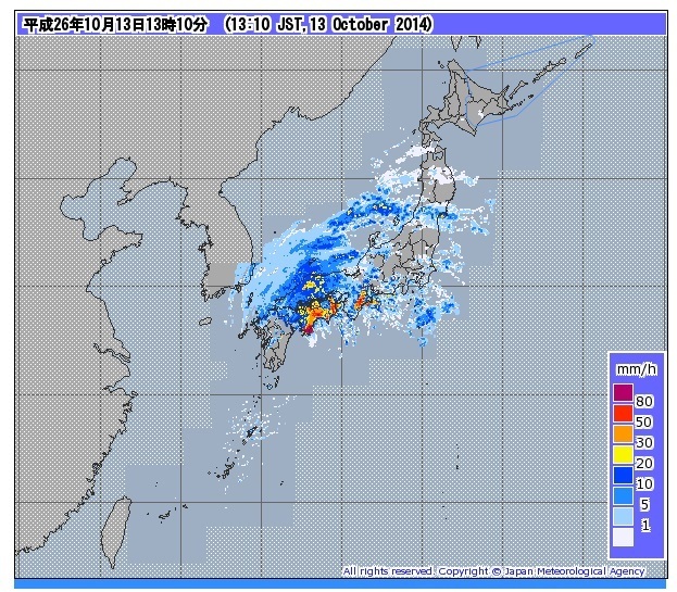 13日レーダー画像(気象庁)