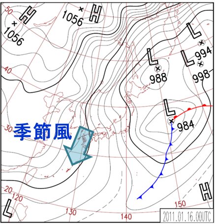 2011年1月16日の天気図（沖縄気象台HPより抜粋・加工）