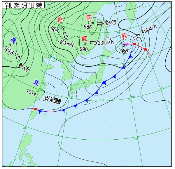 沖縄地方の梅雨入り発表（速報値）のあった日の天気図（気象庁）