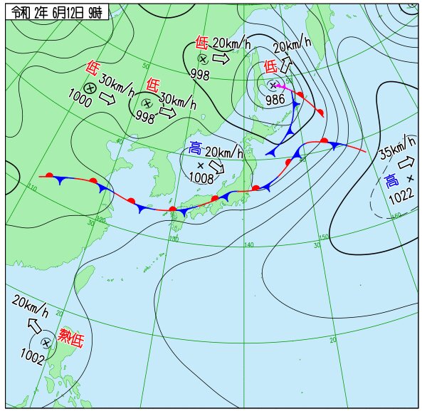 沖縄地方の梅雨明け発表（速報値）のあった日の天気図（気象庁）